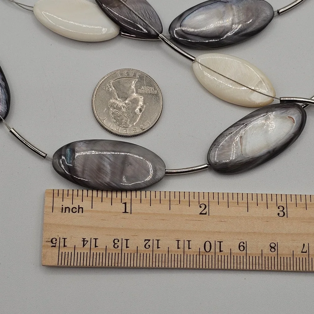 Ali-Khan NY Necklace Multi Strand Grey White MOP Shell Beads Layered 16-19